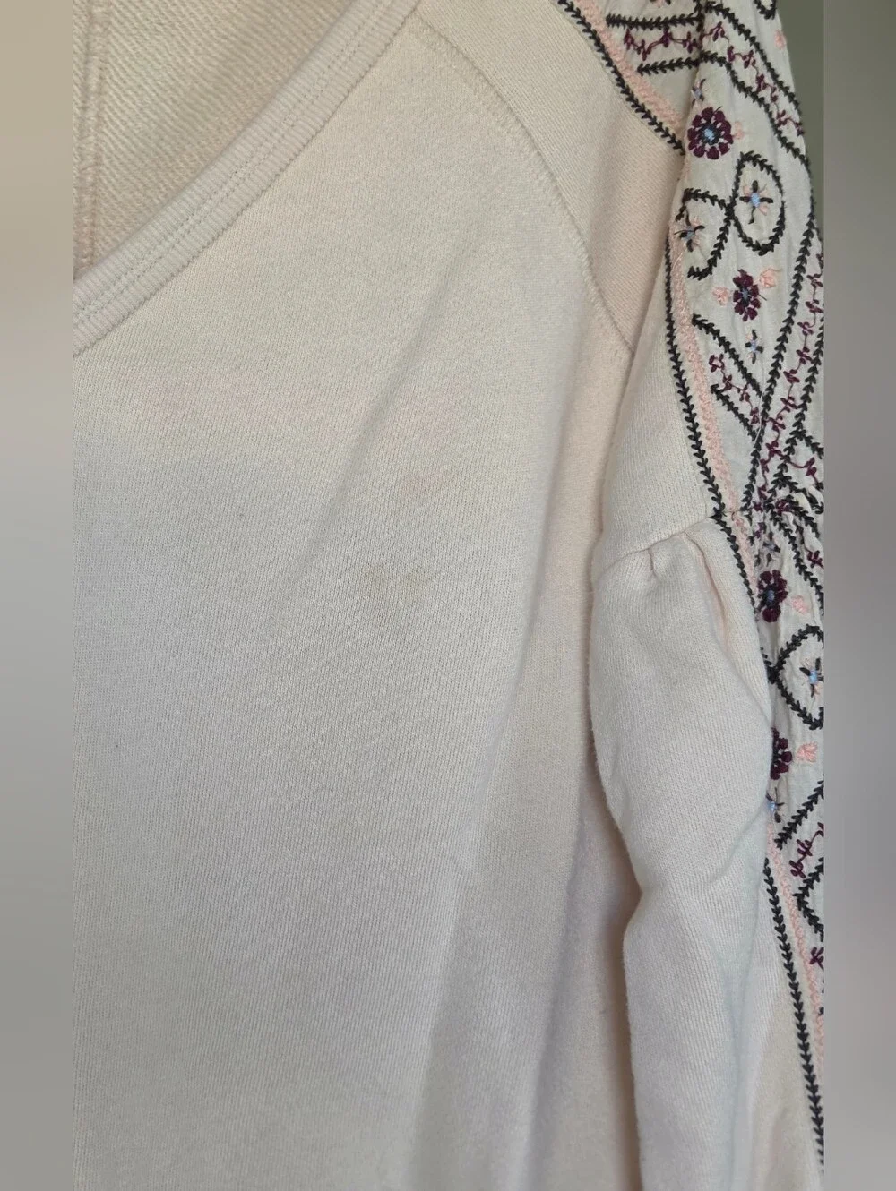 Free People Senorita Embroidered Puff Sleeve V-Neck Sweatshirt